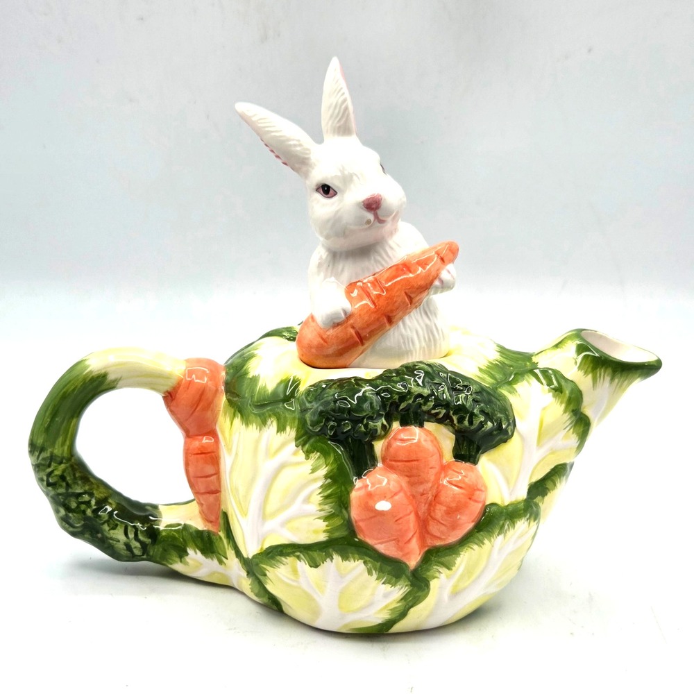 Bunny Rabbit with Carrots on Cabbage Ceramic Teapot Cottage Core Country 1994